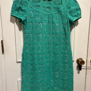 Tahari Teal Lace Shift Dress - Short Sleeve Mini - Size 6